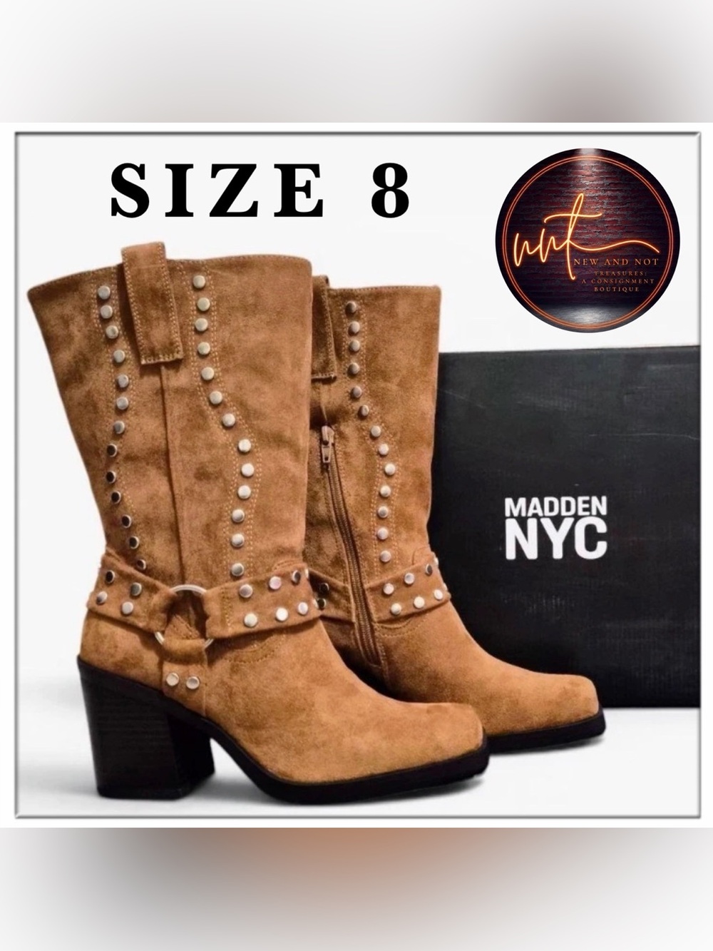 Moto Western Studded Boots Square Toe Cognac Brown Women's Size 8 New NWT